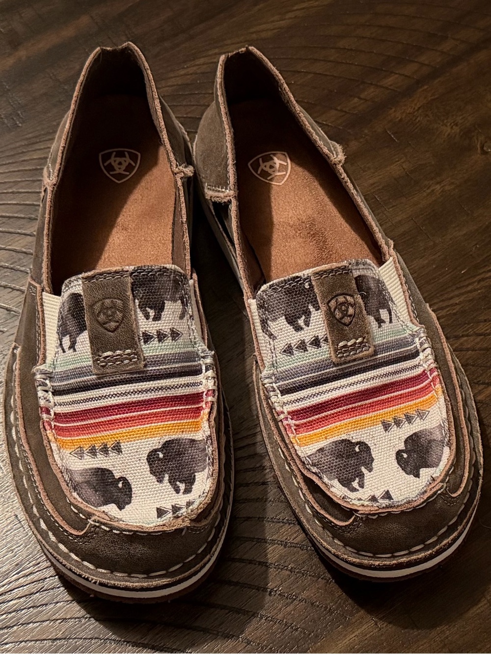 Ariat Brown Canvas Slip-Ons with Buffalo Print & Multicolor Stripes